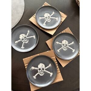 Halloween Black Appetizer Plate Skull Crossbone Set of 4 Stoneware 6” NEW in Box